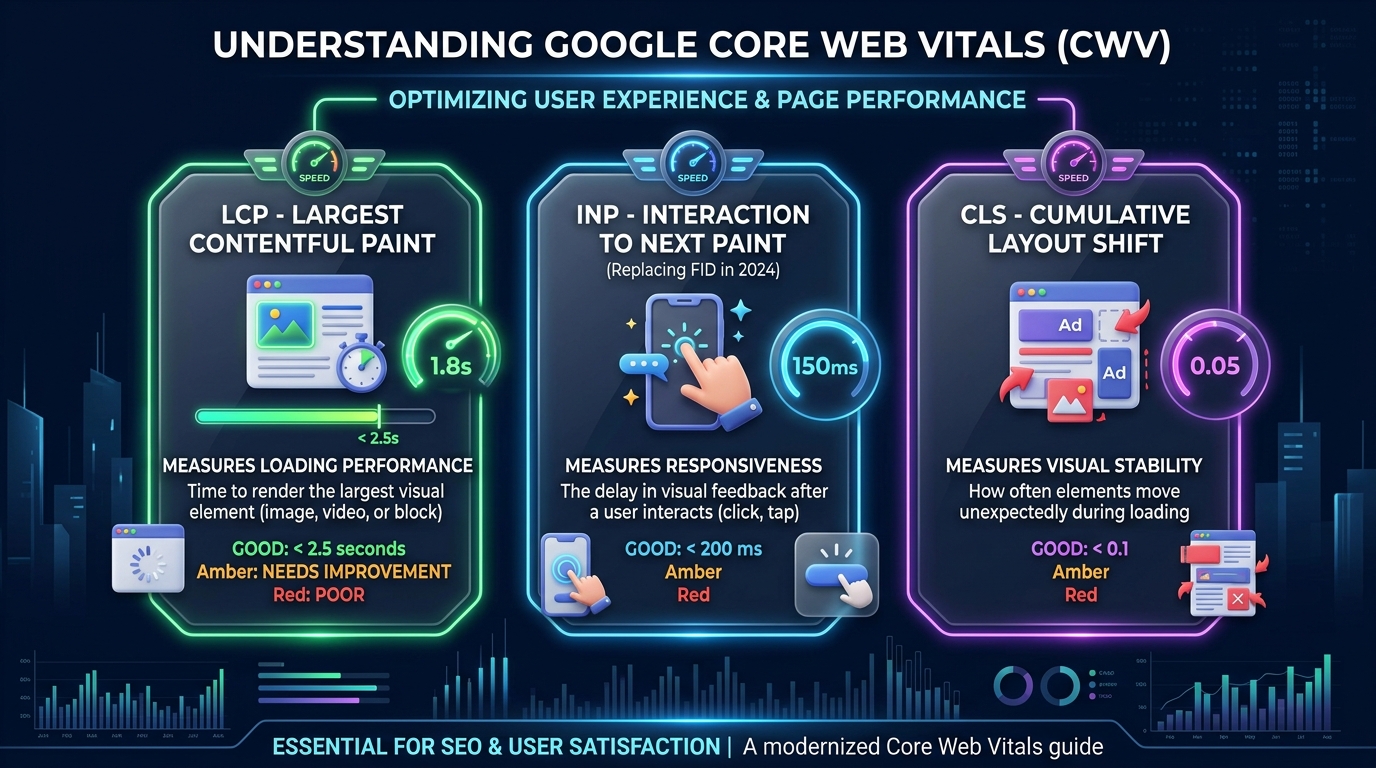 Infographic of the three Core Web Vitals with their good score thresholds