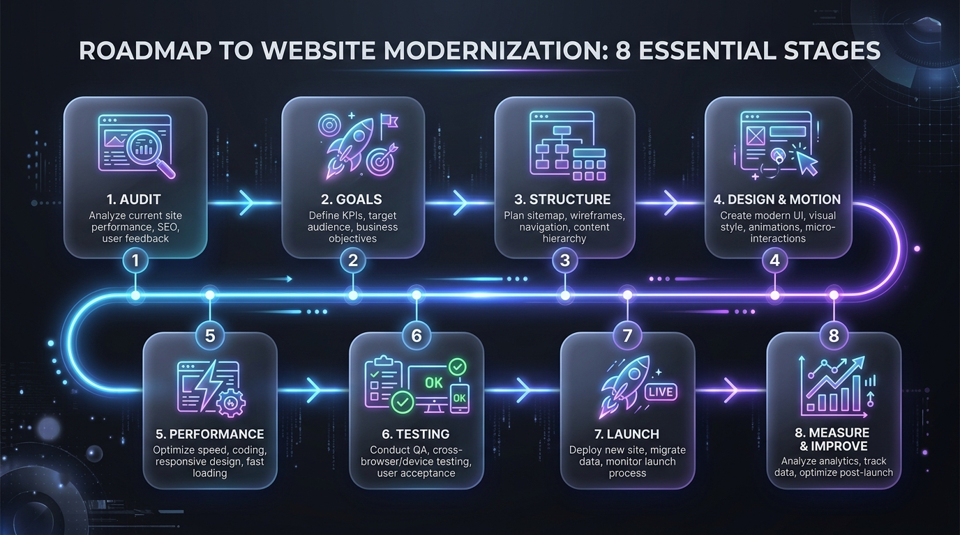 Eight-step diagram showing the process of modernizing a business website from audit to launch